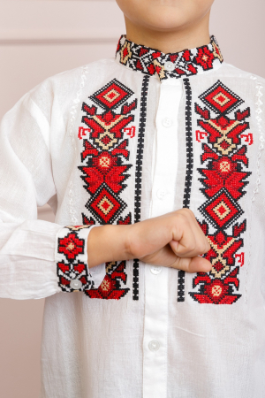 Camasa traditionala de baieti alba cu motiv geometric rosu Ovidiu [1]