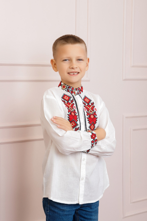 Imbracaminte copii - Camasa traditionala de baieti alba cu motiv geometric rosu Ovidiu