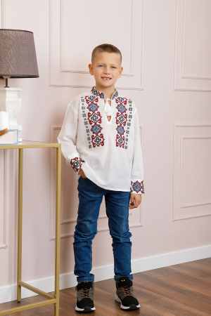 Camasa traditionala de baieti alba cu motiv geometric rosu Radu 02 [3]