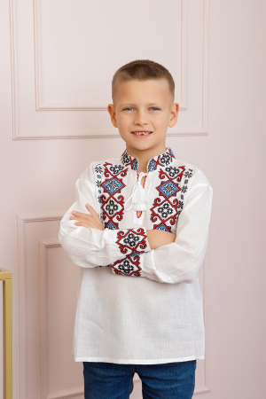 Camasa traditionala de baieti alba cu motiv geometric rosu Radu 02 [2]