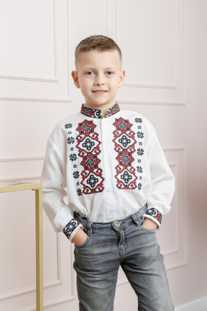 Camasa traditionala de baieti alba cu motiv geometric rosu Radu 01 [2]