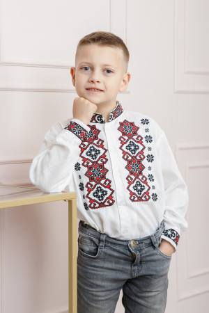 Camasa traditionala de baieti alba cu motiv geometric rosu Radu 01 [0]