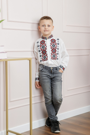 Camasa traditionala de baieti alba cu motiv geometric rosu Radu 01 [3]