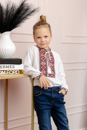 Camasa traditionala de baieti alba cu motiv geometric rosu Tiberiu 02 [2]