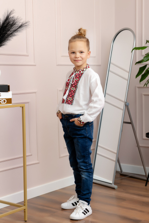 Camasa traditionala de baieti alba cu motiv geometric rosu Tiberiu 02 [3]