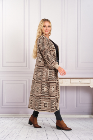 Cardigan tricotat crem cu model geometric bej [3]