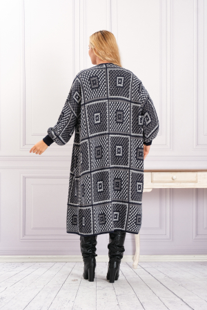 Cardigan tricotat gri cu model geometric negru [2]