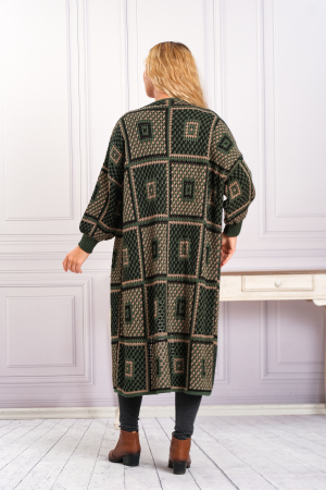 Cardigan tricotat kaki cu model geometric crem [2]