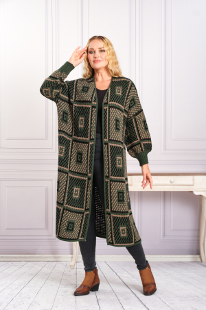 Cardigan tricotat kaki cu model geometric crem [4]