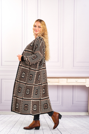 Cardigan tricotat maro cu model geometric crem [1]