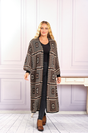 Cardigan tricotat maro cu model geometric crem [0]