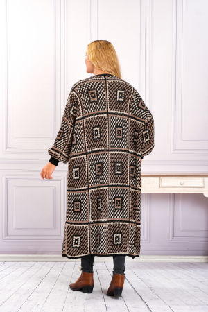 Cardigan tricotat maro cu model geometric crem [2]