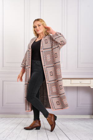 Cardigan tricotat roz somon cu model geometric gri [3]