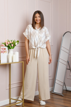 Compleu dama bej cu pantaloni largi si bluza cu nod Candice [2]
