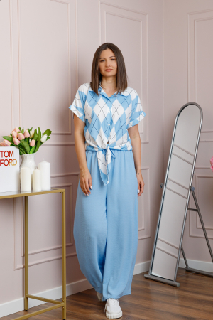 Compleuri - Compleu dama bleu cu pantaloni largi si bluza cu nod Candice