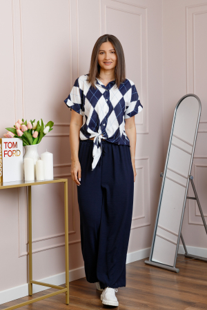 Compleuri - Compleu dama bleumarin cu pantaloni largi si bluza cu nod Candice