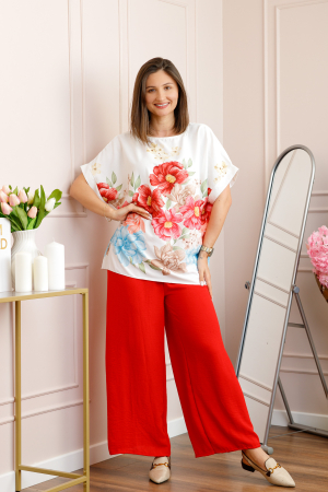 Compleu dama Deborah cu bluza vaporoasa si pantaloni largi - Rosu [3]