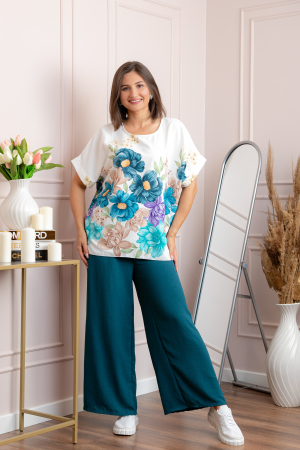 Compleu dama Deborah cu bluza vaporoasa si pantaloni largi - Turcoaz inchis [3]