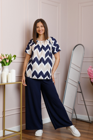 Compleu dama Eleanor cu bluza vaporoasa si pantaloni largi - Bleumarin [3]