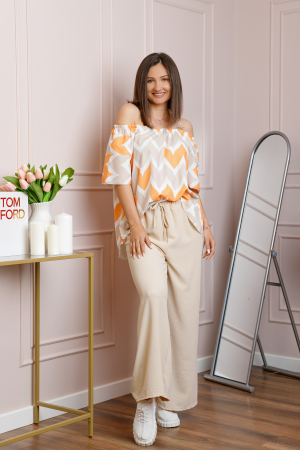 Compleu dama Eleanor cu bluza vaporoasa si pantaloni largi - Crem [2]