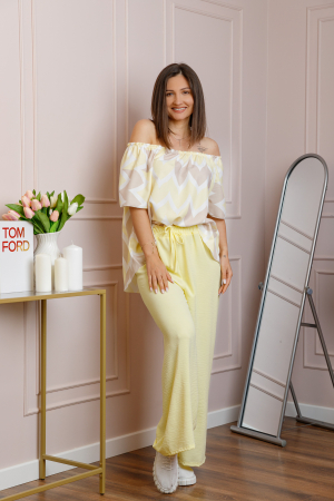 Compleu dama Eleanor cu bluza vaporoasa si pantaloni largi - Galben pastel [2]