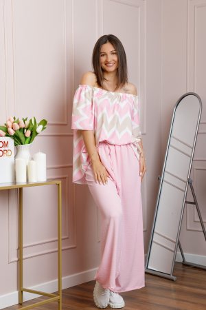 Compleu dama Eleanor cu bluza vaporoasa si pantaloni largi - Roz pastel [2]