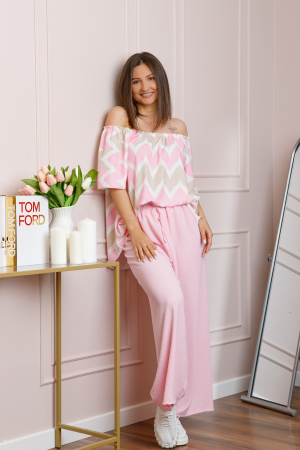 Compleuri - Compleu dama Eleanor cu bluza vaporoasa si pantaloni largi - Roz pastel