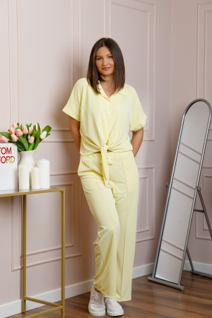 Compleu dama galben pastel cu pantaloni largi si bluza cu nod Abigail [3]