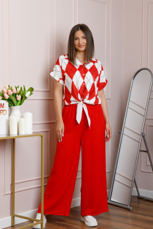 Compleu dama rosu cu pantaloni largi si bluza cu nod Candice [2]