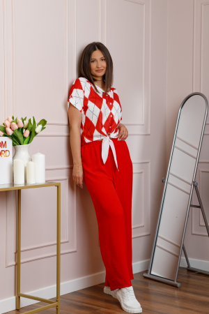 Compleu dama rosu cu pantaloni largi si bluza cu nod Candice [3]