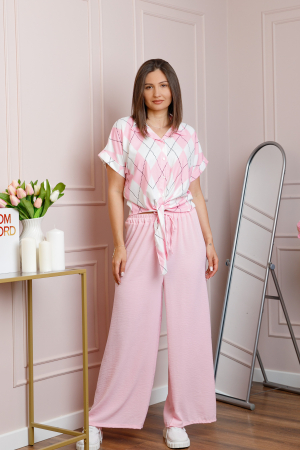 Compleu dama roz pastel cu pantaloni largi si bluza cu nod Candice [2]