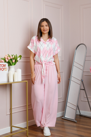 Compleuri - Compleu dama roz pastel cu pantaloni largi si bluza cu nod Candice