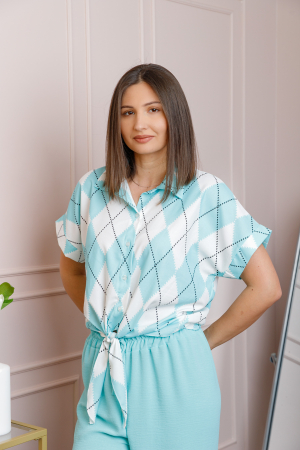 Compleu dama turcoaz deschis cu pantaloni largi si bluza cu nod Candice [1]