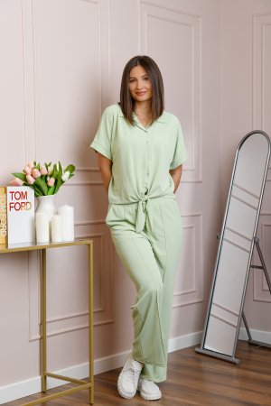 Compleu dama verde pastel cu pantaloni largi si bluza cu nod Abigail [3]