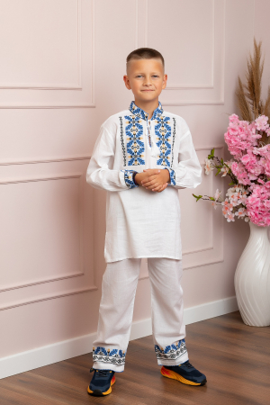 Imbracaminte Baieti - Compleu traditional alb pentru baieti cu motiv floral albastru Dominic