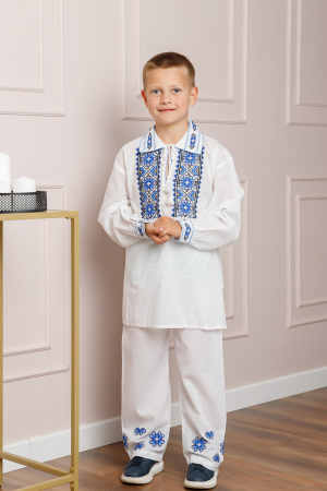 Compleu traditional alb pentru baieti cu motiv floral albastru Mugur [0]