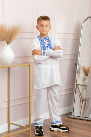 Compleu traditional alb pentru baieti cu motiv floral albastru Robert 01 [2]