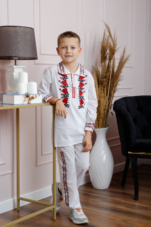 Imbracaminte copii - Compleu traditional alb pentru baieti cu motiv floral rosu Calin
