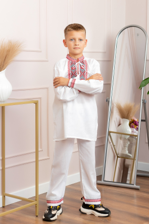 Compleu traditional alb pentru baieti cu motiv floral rosu Robert 02 [2]