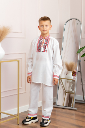 Imbracaminte copii - Compleu traditional alb pentru baieti cu motiv floral rosu Robert 02