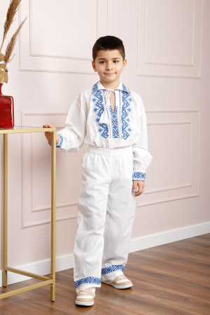 Compleu traditional alb pentru baieti cu motiv geometric albastru Alexandru [0]