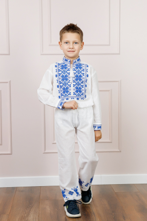 Imbracaminte Baieti - Compleu traditional alb pentru baieti cu motiv geometric albastru Emil 01