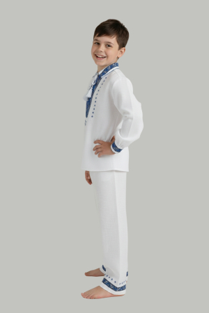 Compleu traditional alb pentru baieti cu motiv geometric albastru Stefan [1]