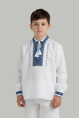 Compleu traditional alb pentru baieti cu motiv geometric albastru Stefan [2]
