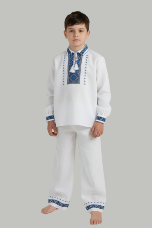 Imbracaminte copii - Compleu traditional alb pentru baieti cu motiv geometric albastru Stefan