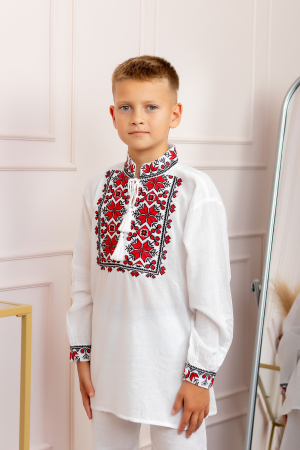 Compleu traditional alb pentru baieti cu motiv geometric rosu Emil 02 [1]