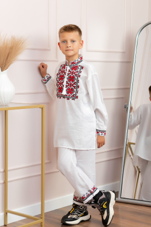 Compleu traditional alb pentru baieti cu motiv geometric rosu Emil 02 [3]
