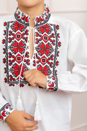 Compleu traditional alb pentru baieti cu motiv geometric rosu Emil 02 [2]
