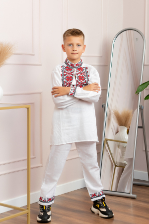 Compleu traditional alb pentru baieti cu motiv geometric rosu Emil 02 [4]