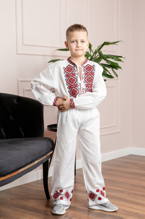 Imbracaminte copii - Compleu traditional alb pentru baieti cu motiv geometric rosu Radu